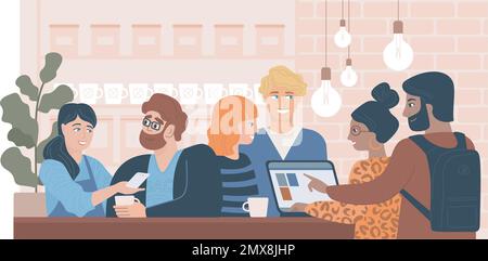 Amis heureux ensemble. Les jeunes communiquent et travaillent dans un café moderne. Groupe multiracial de personnes assises sur une longue table Illustration de Vecteur