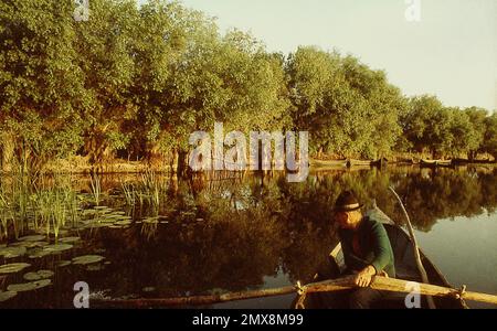 Comté de Tulcea, Dobrogea, République socialiste de Roumanie, env. 1974. Pêcheur âgé avec son bateau en bois sur la rivière. Banque D'Images