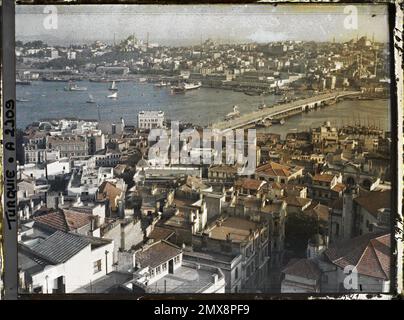 Constantinople (Istanbul actuelle), Turquie la corne dorée, le pont de Galata, depuis le sommet de la tour de Galata (rive gauche, nord) , 1913 - Balkans - Jean Brunhes et Auguste Léon - (23 avril - 9 juin) Banque D'Images