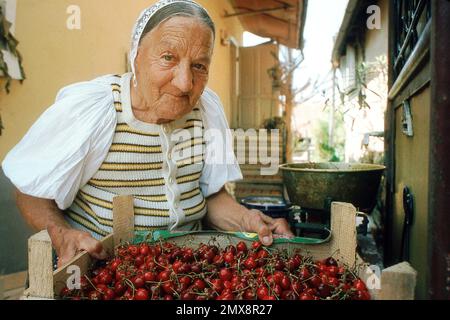 Cisnadie, République socialiste de Roumanie, env. 1980. Femme âgée appartenant à la communauté saxonne qui vend des cerises fraîches à la porte de sa maison. Banque D'Images