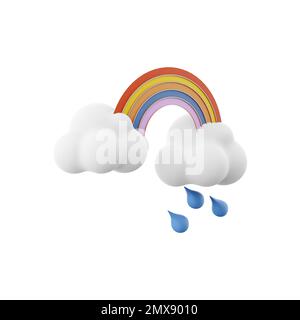 3d rendre arc-en-ciel avec la pluie et l'icône nuages. 3d rend le temps pluvieux et nuageux avec l'icône arc-en-ciel. Arc-en-ciel avec pluie et nuages Banque D'Images