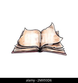 Illustration aquarelle des livres ouverts. Dessin à la main aquarelle isolé sur fond blanc. Peut être utilisé pour l'impression, la librairie ou la conception de bibliothèque Banque D'Images