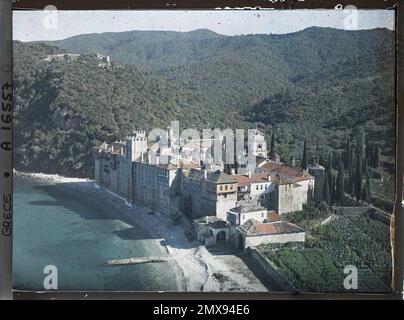 Le monastère d'Esphigmenou, Grèce , 1918 - Grèce - Fernand Cuville - (septembre) Banque D'Images