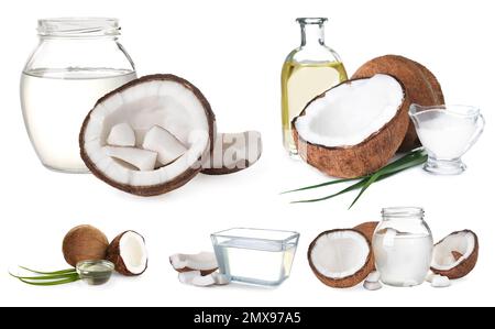 Ensemble de noix de coco et d'huile de cuisson biologique sur fond blanc Banque D'Images