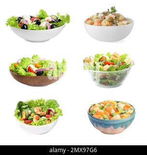 Set avec différentes salades sur fond blanc Banque D'Images