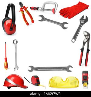 Ensemble avec différents outils de construction sur fond blanc Banque D'Images