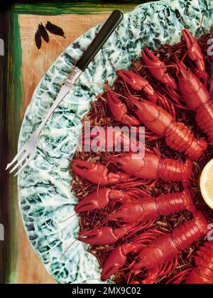 Écrevisses cuites, rouge vif, sur un lit de riz foncé avec une tranche de citron. Fourche à poignée verte et table en bois peinte décorative. Banque D'Images