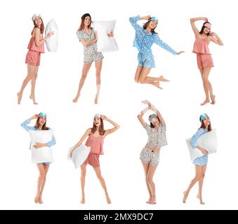 Collage de femmes avec masques de sommeil sur fond blanc. Heure de coucher Banque D'Images