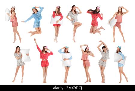 Collage de femmes avec masques de sommeil sur fond blanc. Heure de coucher Banque D'Images