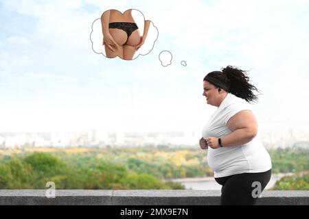 Femme en surpoids rêvant d'un corps mince tout en courant à l'extérieur Banque D'Images