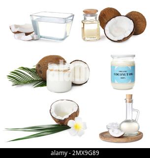 Ensemble de noix de coco et d'huile de cuisson biologique sur fond blanc Banque D'Images