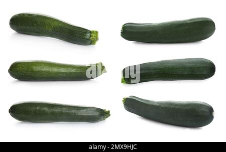 Ensemble de courgettes fraîches mûres sur fond blanc Banque D'Images