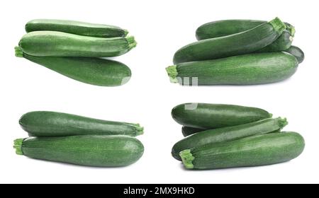Ensemble de courgettes fraîches mûres sur fond blanc Banque D'Images