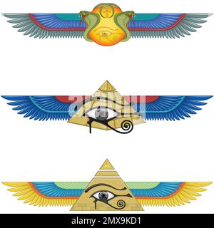 Dessin vectoriel de l'Égypte antique symbole ailé, soleil ailé, pyramide aigée, oeil d'horus, croix ankh Illustration de Vecteur