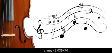 Notes de violon et de musique classiques sur fond blanc. Bannière Banque D'Images