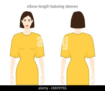 Batwing manches longueur coude vêtements caractère belle dame en jaune haut, chemise, robe technique mode illustration, longueur coude. Modèle de vêtement plat à l'avant et à l'arrière. Femmes, hommes unisex CAD maquette Illustration de Vecteur