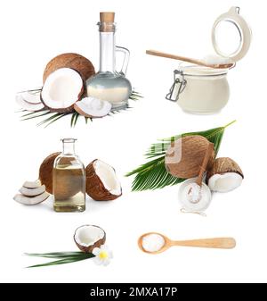 Ensemble de noix de coco et d'huile de cuisson biologique sur fond blanc Banque D'Images