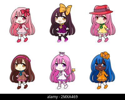 Ensemble de kawaii anime filles avec différents accessoires. Illustration de Vecteur