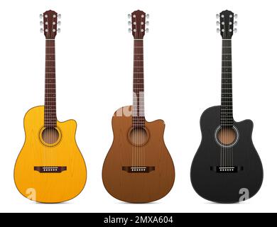Ensemble vectoriel de guitares acoustiques classiques de différentes couleurs, isolé sur fond blanc. Illustration de Vecteur
