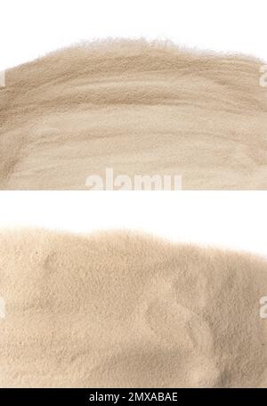 Des tas de sable sec sur fond blanc, vue de dessus Banque D'Images