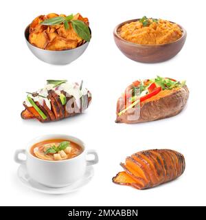 Ensemble de délicieux plats de patates douces sur fond blanc Banque D'Images