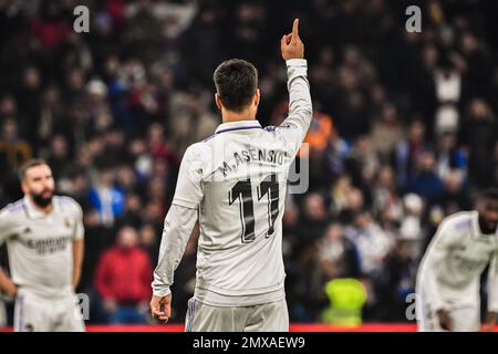 2 février 2023: MADRID, ESPAGNE - FÉVRIER 2: Marco Asensio du Real Madrid CF célébration pendant le match entre Real Madrid CF et Valencia CF de la Liga Santander sur 2 février 2022 à Santiago Bernabeu de Madrid, Espagne. (Credit image: © Samuel Carreño/PX Imagens via ZUMA Press Wire) USAGE ÉDITORIAL SEULEMENT! Non destiné À un usage commercial ! Banque D'Images