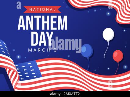 Illustration de la Journée nationale de l'hymne sur le 3 mars avec drapeau des États-Unis d'Amérique pour la bannière Web ou la page de renvoi dans le modèle de dessin à la main de dessin animé à plat Illustration de Vecteur