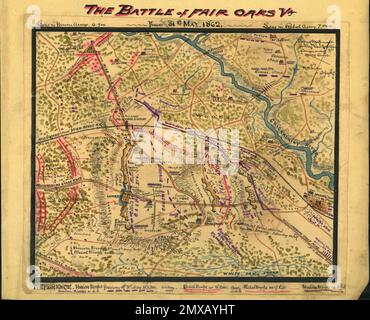 La bataille de sept pins (également connue sous le nom de bataille de Fair Oaks ou de Fair Oaks Station) a eu lieu sur 31 mai et 1 juin 1862, dans le comté de Henrico, en Virginie, dans le cadre de la campagne de la péninsule de la guerre civile américaine. C'était le point culminant d'une offensive sur la péninsule de Virginie menée par le général de division de l'Union George McClellan, dans laquelle l'armée du Potomac a atteint la périphérie de Richmond. Cette image est une carte de la bataille dessinée juste après la bataille. Banque D'Images