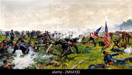 La bataille de sept pins (également connue sous le nom de bataille de Fair Oaks ou de Fair Oaks Station) a eu lieu sur 31 mai et 1 juin 1862, dans le comté de Henrico, en Virginie, dans le cadre de la campagne de la péninsule de la guerre civile américaine. C'était le point culminant d'une offensive sur la péninsule de Virginie menée par le général de division de l'Union George McClellan, dans laquelle l'armée du Potomac a atteint la périphérie de Richmond. Cette image illustre un moment dramatique dans la bataille de Fair Oaks sur 31 mai 1862, lorsque le drapeau régimentaire de l'infanterie volontaire de Pennsylvanie 104th a été sauvé des Confédérations avançant par Hiram Pursell. Banque D'Images