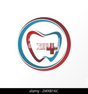 Dent ou dents dentaires avec la vitesse croix rouge plus en cercle image graphique icône logo design abstrait concept vecteur stock urgence ou hôpital Illustration de Vecteur