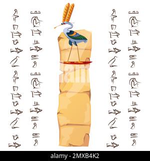 Ancienne Égypte papyrus partie ou ou colonne de pierre avec figure d'oiseau sacré dessin animé illustration vectorielle. Symbole de la culture égyptienne, papier ancien vierge déplié avec ibis et hiéroglyphes, isolé sur blanc Illustration de Vecteur