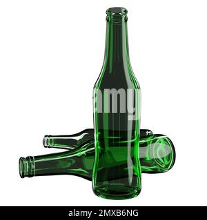 3D illustration de trois bouteilles de bière en verre vert sur fond blanc isolé Banque D'Images