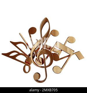 Des aigus et des notes musicales réalistes en métal doré sur fond blanc. 3d symboles musicaux dorés - éléments décoratifs pour le design. Banque D'Images