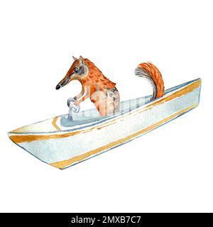 Dessin animé nambat, anteater et aquarelle de bateau isolé sur fond blanc. Mignon animal australien a l'eau sport dessiné à la main. Design elem Banque D'Images