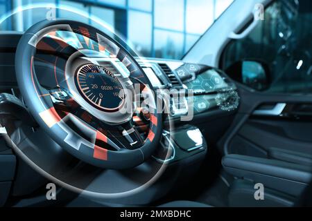 Technologie futuriste. Intérieur de voiture avec interface utilisateur graphique Banque D'Images