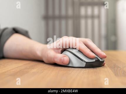 Main, paume reposant sur une grande souris ergonomique sur un bureau en bois. Photo de haute qualité Banque D'Images