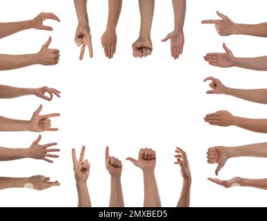 Collage avec homme montrant différents gestes sur fond blanc, vue rapprochée des mains Banque D'Images