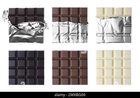 Ensemble avec différentes barres de chocolat sur fond blanc, vue du dessus Banque D'Images