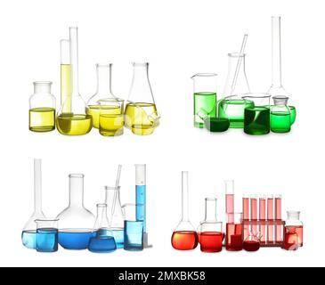 Jeu de verrerie de laboratoire avec liquides colorés sur fond blanc Banque D'Images