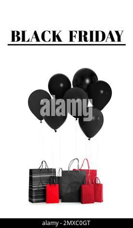 Texte VENDREDI NOIR, bouquet de ballons et sacs d'achats sur fond blanc Banque D'Images