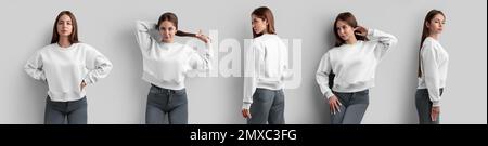 Maquette d'un sweat-shirt blanc sur une belle fille posant en jeans gris, isolée sur fond, devant, dos, côté. Modèle à capuche pour femme avec un Banque D'Images