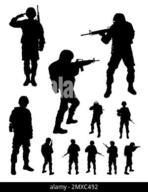 Collage avec silhouettes de soldats sur fond blanc. Service militaire Banque D'Images