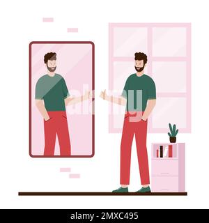 Design plat de l'homme narcissique heureux se regardant dans le miroir. Illustration du site Web, de la page d'arrivée, de l'application mobile, de l'affiche et de la bannière. Plat tendance v Illustration de Vecteur