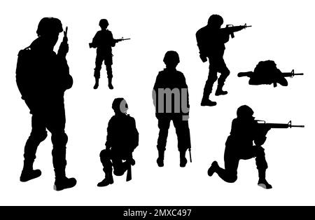 Collage avec silhouettes de soldats sur fond blanc. Service militaire Banque D'Images