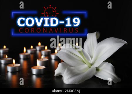 Cérémonie funéraire consacrée aux victimes du coronavirus. Nénuphars blancs et bougies allumées sur la table Banque D'Images