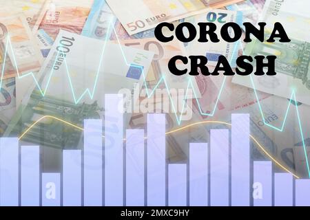 Texte CORONA CRASH, carte et billets en euros en arrière-plan Banque D'Images