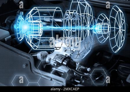 3D modèle de détail et compartiment moteur de voiture en arrière-plan Banque D'Images
