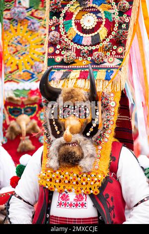 Danseuse kukeri avec masque coloré et complexe au Surva International Mascarade et au Mummers Festival à Pernik, Bulgarie, Europe de l'est, Balkans, UE Banque D'Images