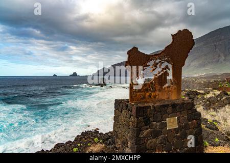 Schild am Aussichtspunkt Mirador Punta Del Pozo, Las Puntas, El Hierro, Kanarische Inseln, Espagnol | signe au point de vue Mirador Punta Del Pozo, L Banque D'Images