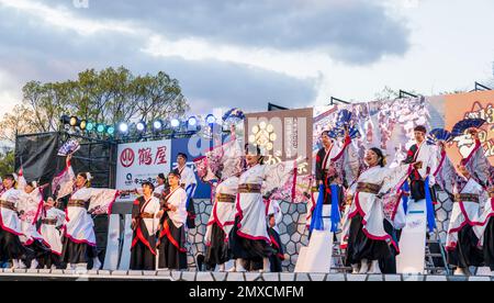 Équipe japonaise de danseuses Yosakoi dansant et tenant naruko et des fans sur scène extérieure au festival Kyusyu Gassai à Kumamoto. Crépuscule. Banque D'Images